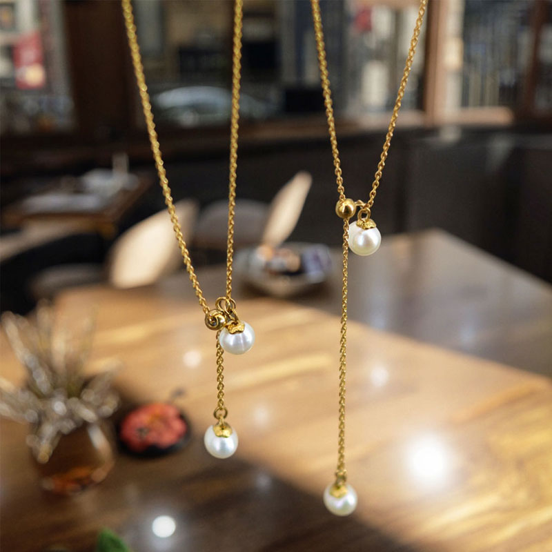 French Adjustable Gold-Plated Stainless Steel Necklace Women's Feminine Temperament Natural Freshwater Pearl Tassel Cute Style