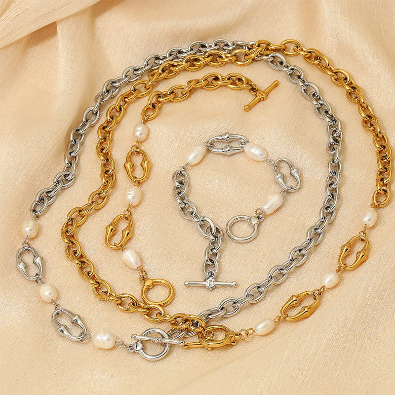 Minimalist Elegant OT Buckle Stainless Steel Necklace Bracelet Set New Charm Natural Freshwater Pearl Jewelry Set for Women Girl