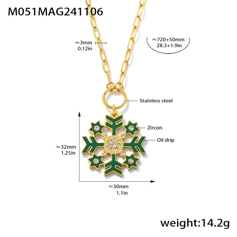 Romantic Christmas Snowflake Pendant Necklace Fashionable Stainless Steel Zircon Dripping Oil Trendy Gold Plating Claw Setting