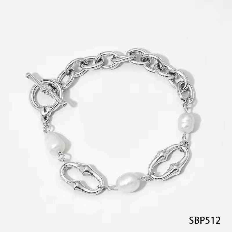 Minimalist Elegant OT Buckle Stainless Steel Necklace Bracelet Set New Charm Natural Freshwater Pearl Jewelry Set for Women Girl