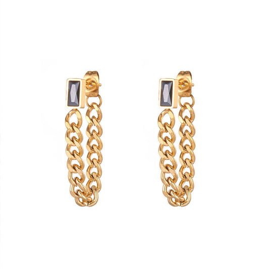 Fashion Design High Quality Wholesale Trendy Stainless Steel PVD Gold Plated Black Zircon Chain Earrings