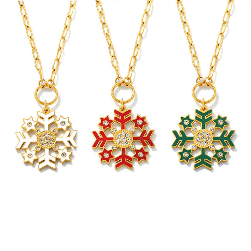 Romantic Christmas Snowflake Pendant Necklace Fashionable Stainless Steel Zircon Dripping Oil Trendy Gold Plating Claw Setting