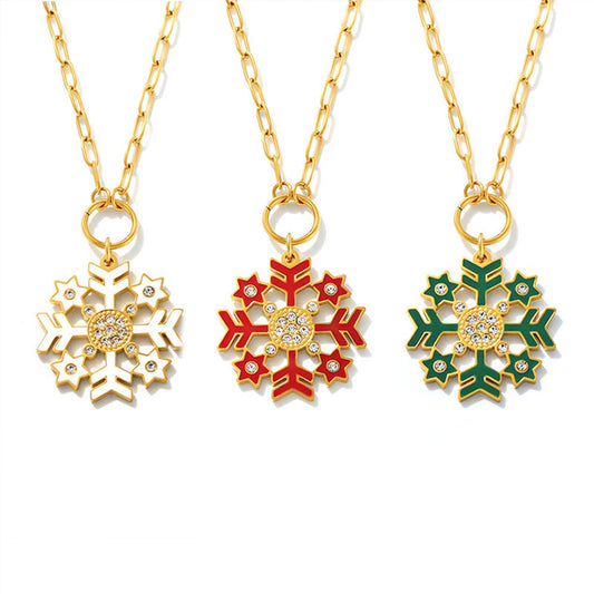 Romantic Christmas Snowflake Pendant Necklace Fashionable Stainless Steel Zircon Dripping Oil Trendy Gold Plating Claw Setting