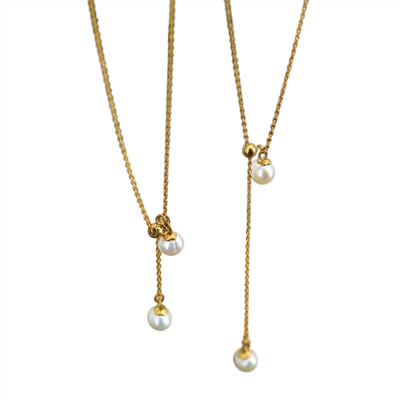 French Adjustable Gold-Plated Stainless Steel Necklace Women's Feminine Temperament Natural Freshwater Pearl Tassel Cute Style