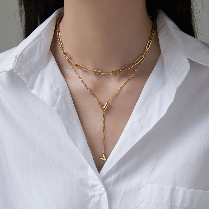 V-Shape Name Pendant Necklace Double-Layered Collarbone Chain with Tassel 18K Gold Plated Stainless Steel for Sweater