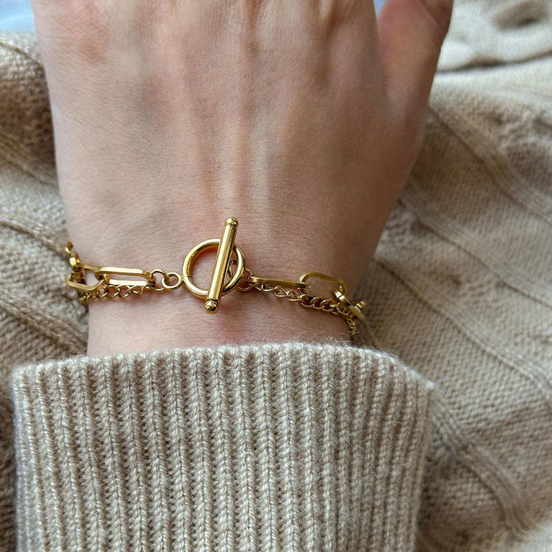 Stainless Steel 18K Gold Beads Chain Bracelet OT Clasp Love Pendant Double Layer Bracelet Factory