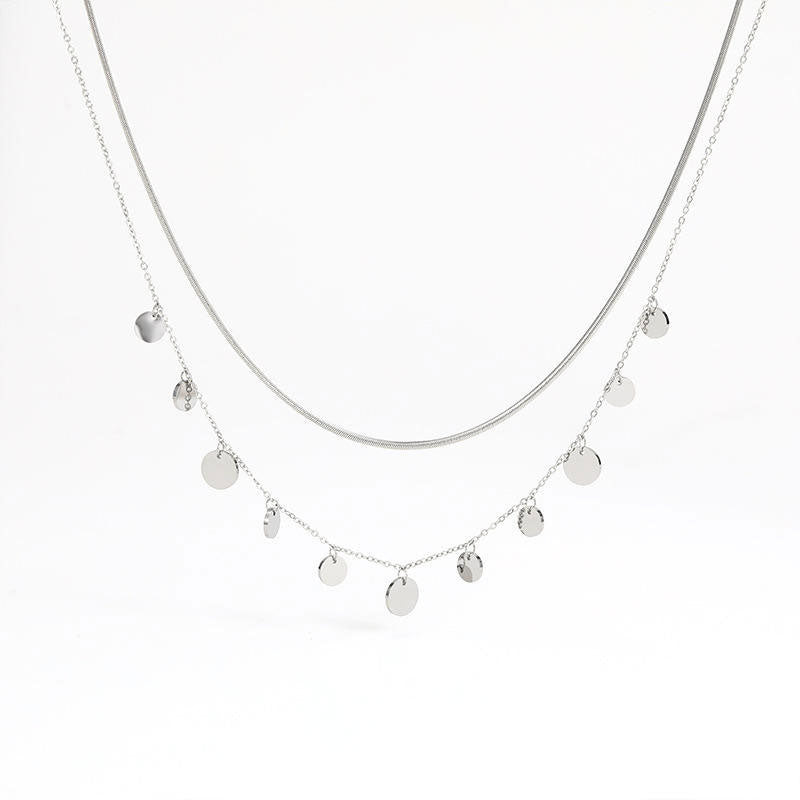 Trendy 18K Gold Plated Stainless Steel Snake Chain Necklace for Women Featuring Pearl Disc Coin Pendant and Layered Design