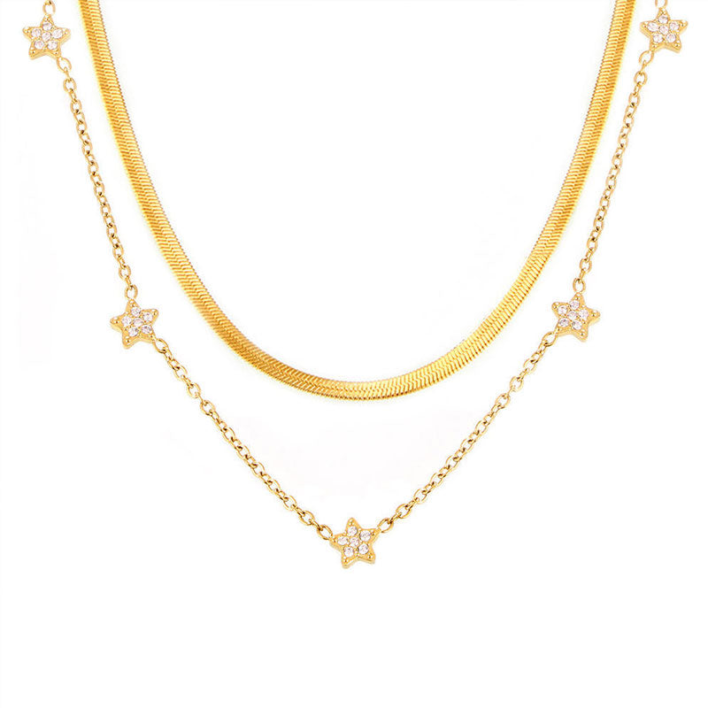 Pentagram Zircon Full Stars Collarbone Necklace Simple Double Layer Titanium Steel Gold-Plated Trendy Stainless Steel Necklace