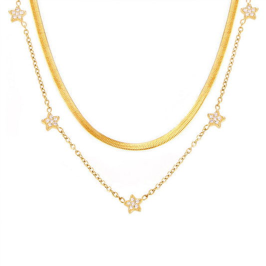Pentagram Zircon Full Stars Collarbone Necklace Simple Double Layer Titanium Steel Gold-Plated Trendy Stainless Steel Necklace