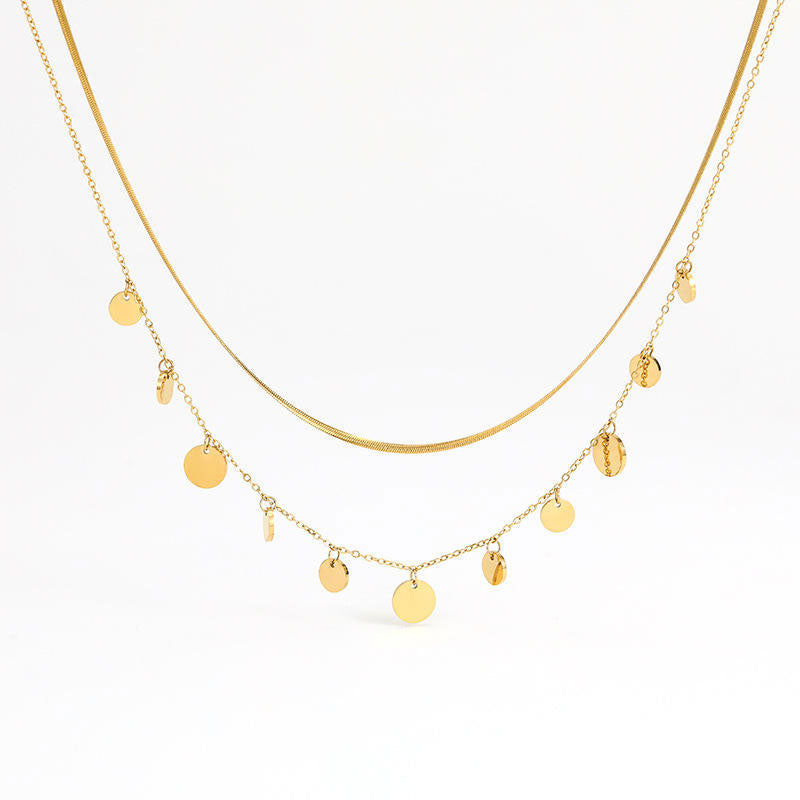 Trendy 18K Gold Plated Stainless Steel Snake Chain Necklace for Women Featuring Pearl Disc Coin Pendant and Layered Design