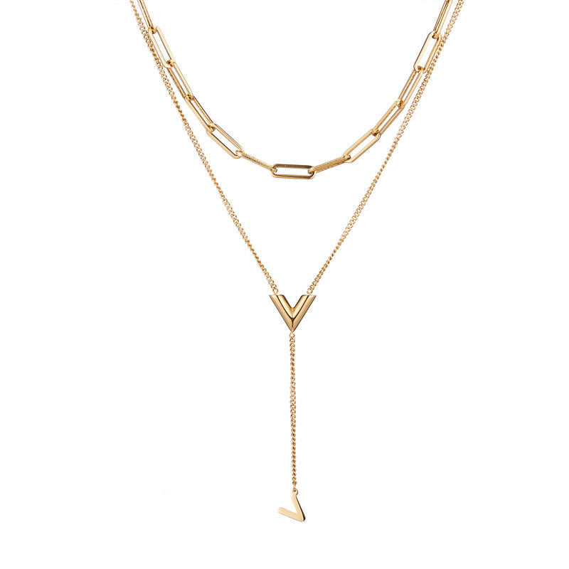 V-Shape Name Pendant Necklace Double-Layered Collarbone Chain with Tassel 18K Gold Plated Stainless Steel for Sweater
