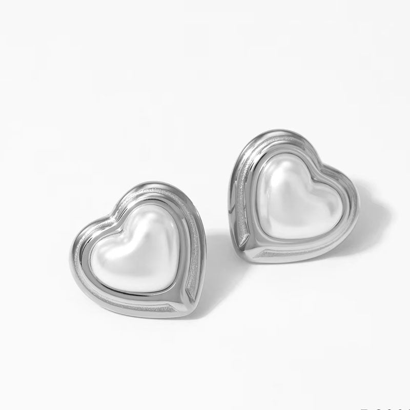 Luxury Heart Shaped Pearl Charm Stainless Steel Stud Earrings Flower Shaped Diamond Zircon Stud Earrings Women Jewelry