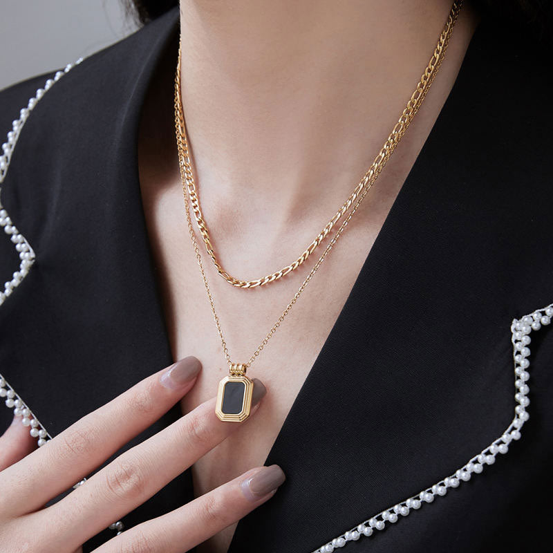 Factory Wholesale Double-layer Roman Black square Stainless Steel Fashion Geometric Gift Party Women's Necklace
