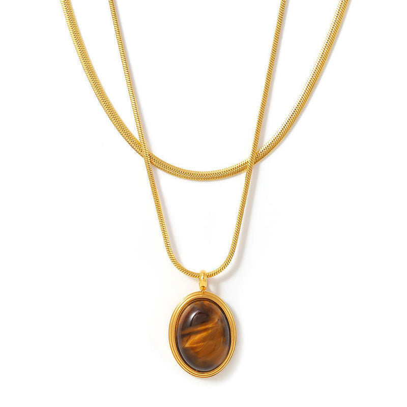 Factory Wholesale Stainless Steel Fashion 18K Gold Plated Snake Chain Tiger Eye Stone Necklaces Women