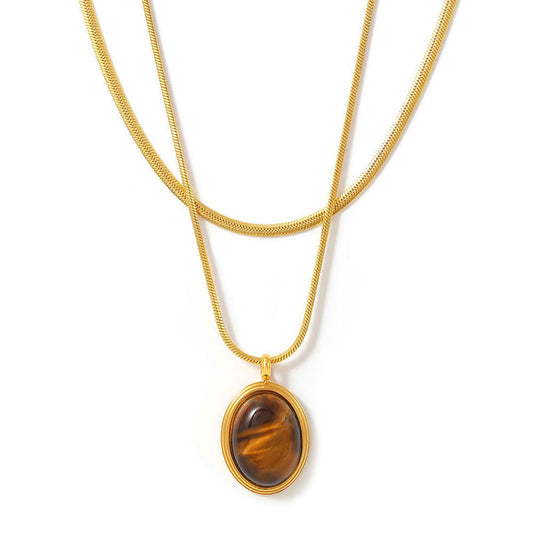 Factory Wholesale Stainless Steel Fashion 18K Gold Plated Snake Chain Tiger Eye Stone Necklaces Women