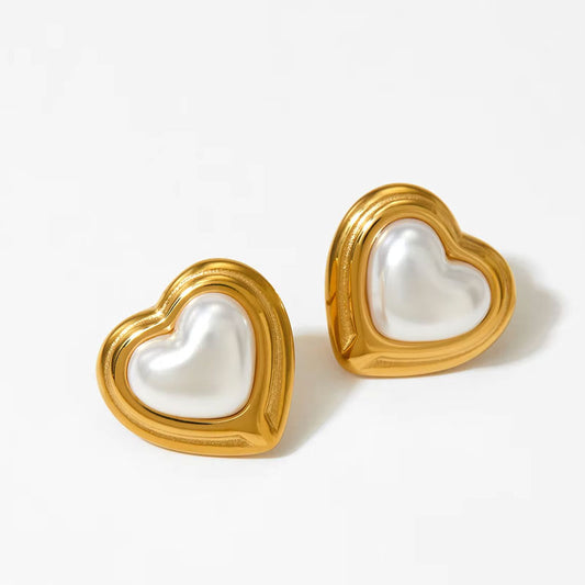 Luxury Heart Shaped Pearl Charm Stainless Steel Stud Earrings Flower Shaped Diamond Zircon Stud Earrings Women Jewelry