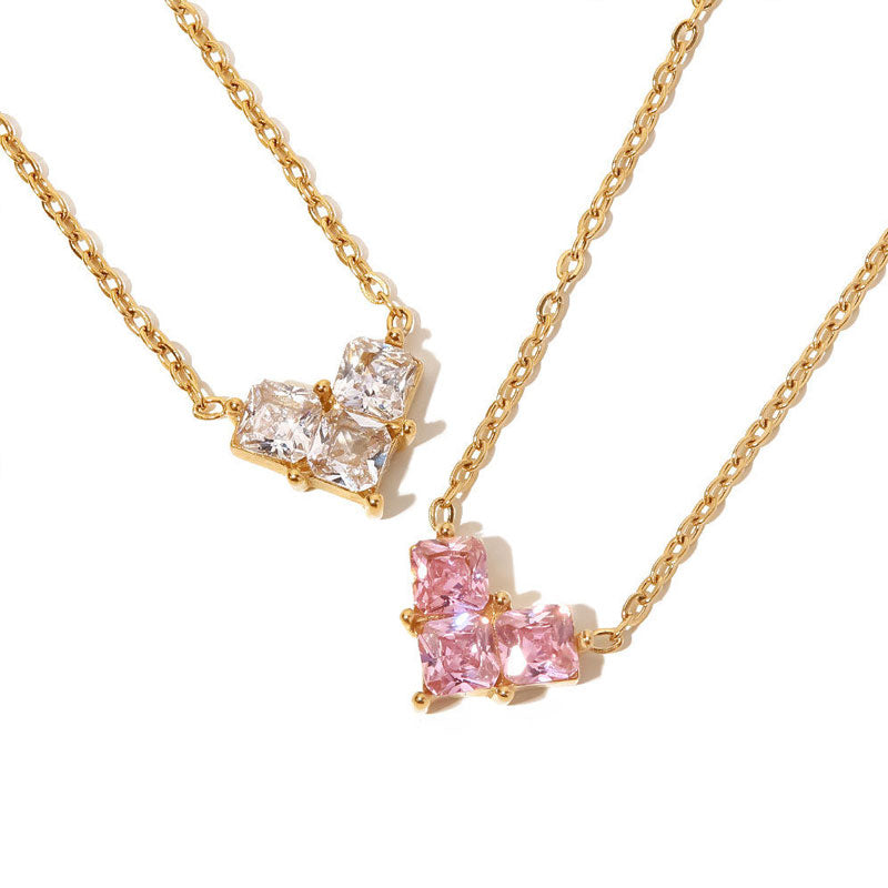 Fashionable 18K Gold-plated Stainless Steel Zircon Necklace Inlaid with pink and White Zircon Heart-shaped Necklace for Women