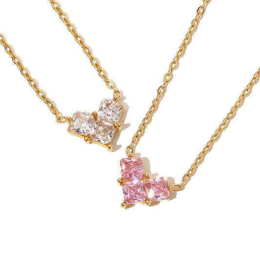 Fashionable 18K Gold-plated Stainless Steel Zircon Necklace Inlaid with pink and White Zircon Heart-shaped Necklace for Women