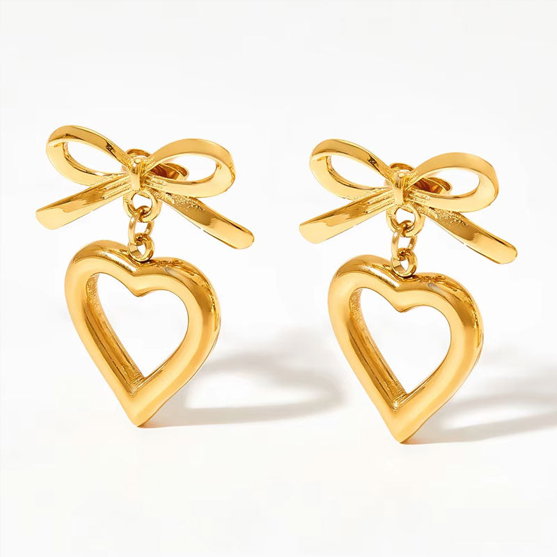 Sweet Girl Hollow Bow Heart Earrings Fashion Jewelry 2025 Girl Stainless Steel Heart Shaped Pendant Earrings