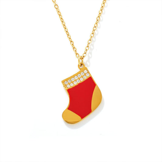 Christmas Trendy Jewelry Zircon Drip Oil Pendant Necklace with Red Xmas Socks Stainless Steel Gift for Women and Girls