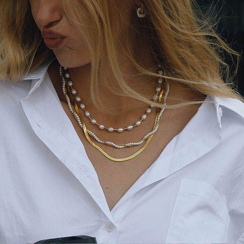Trendy No Fading Stainless Steel 14k 18k Real Gold Solid Gold Pearl Chain Necklace for Women