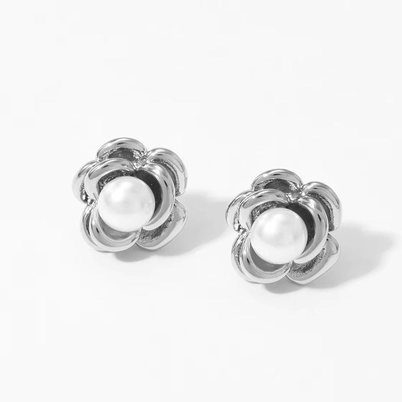 Luxury Heart Shaped Pearl Charm Stainless Steel Stud Earrings Flower Shaped Diamond Zircon Stud Earrings Women Jewelry