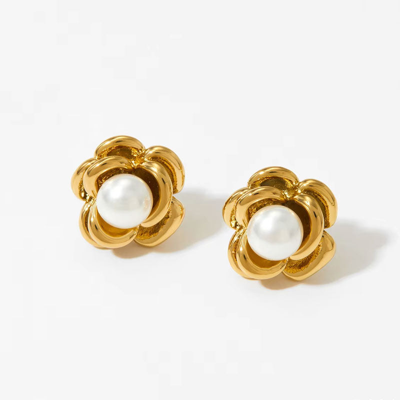 Luxury Heart Shaped Pearl Charm Stainless Steel Stud Earrings Flower Shaped Diamond Zircon Stud Earrings Women Jewelry