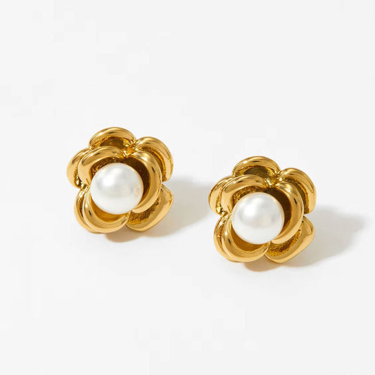 Luxury Heart Shaped Pearl Charm Stainless Steel Stud Earrings Flower Shaped Diamond Zircon Stud Earrings Women Jewelry