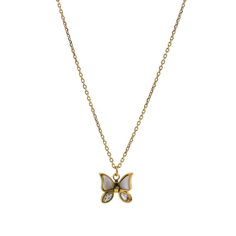 Women's White Fritillaria Shell Butterfly Necklace Summer Luxury Versatile Sparkling Diamond Stainless Steel Jewelry Neckchain