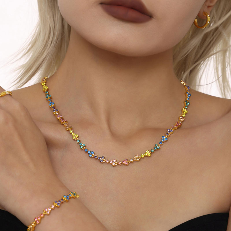 Luxury Stainless Steel 18K Gold Plated Flower Shape Cubic Zirconia Diamond Tennis Necklace Choker Fashion Jewelry Women