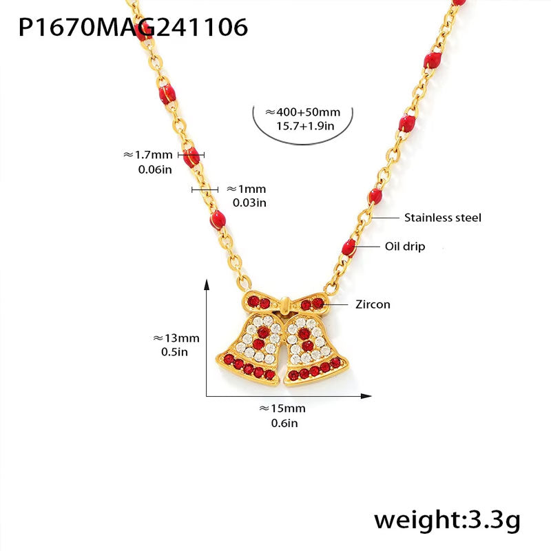 Stainless Steel Gold Plated Christmas Bell Reindeer Red White Crystal Beaded Chain Holiday Necklace Set Customizable Zircon