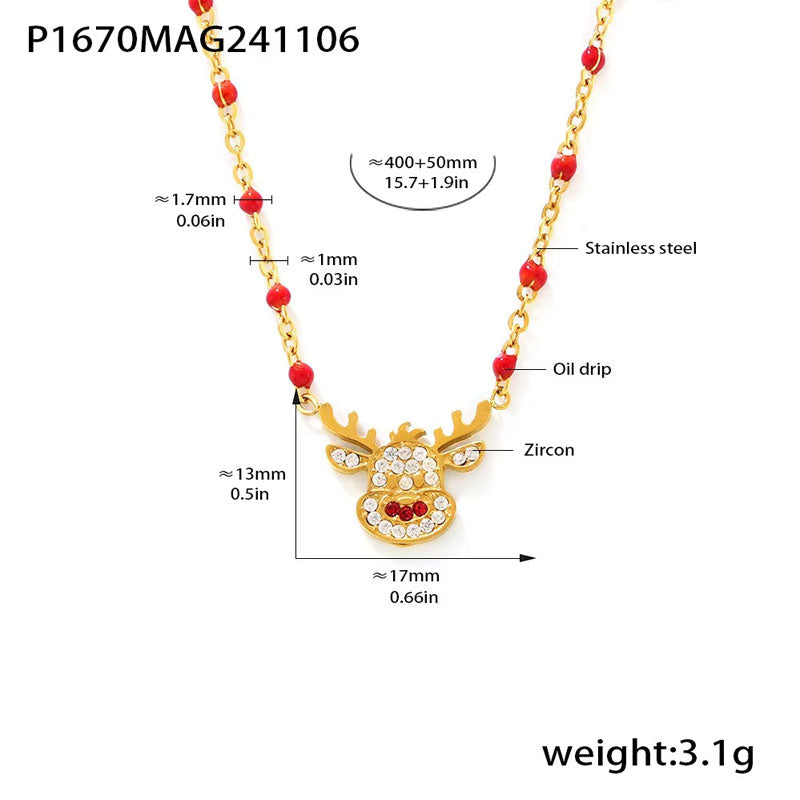 Stainless Steel Gold Plated Christmas Bell Reindeer Red White Crystal Beaded Chain Holiday Necklace Set Customizable Zircon