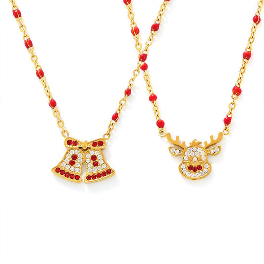 Stainless Steel Gold Plated Christmas Bell Reindeer Red White Crystal Beaded Chain Holiday Necklace Set Customizable Zircon