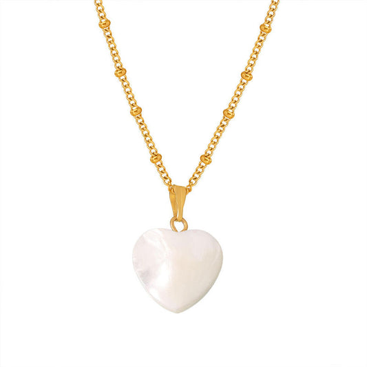 Valentine's Day Trendy Jewelry 18K Gold Plated Shell Pendant Necklace Natural Stone Jade Heart Stainless Steel Necklace for