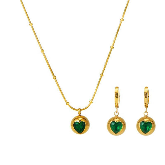 Romantic Anti Tarnish Gold Necklace 18K Real Stainless Steel Zircon Heart Emerald Necklace Set for Women Men Girls