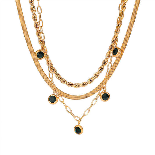 Fashionable Stainless Steel Green Rhinestone Necklace 18K Gold-plated Multi-layer Layered Necklace with Simple Collarbone Chain