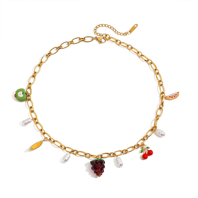 European and American Pearl Necklaces 18K Gold-plated Stainless Steel Fruit Cherry Necklace with Romantic and Sweet Style