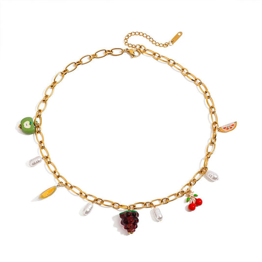 European and American Pearl Necklaces 18K Gold-plated Stainless Steel Fruit Cherry Necklace with Romantic and Sweet Style