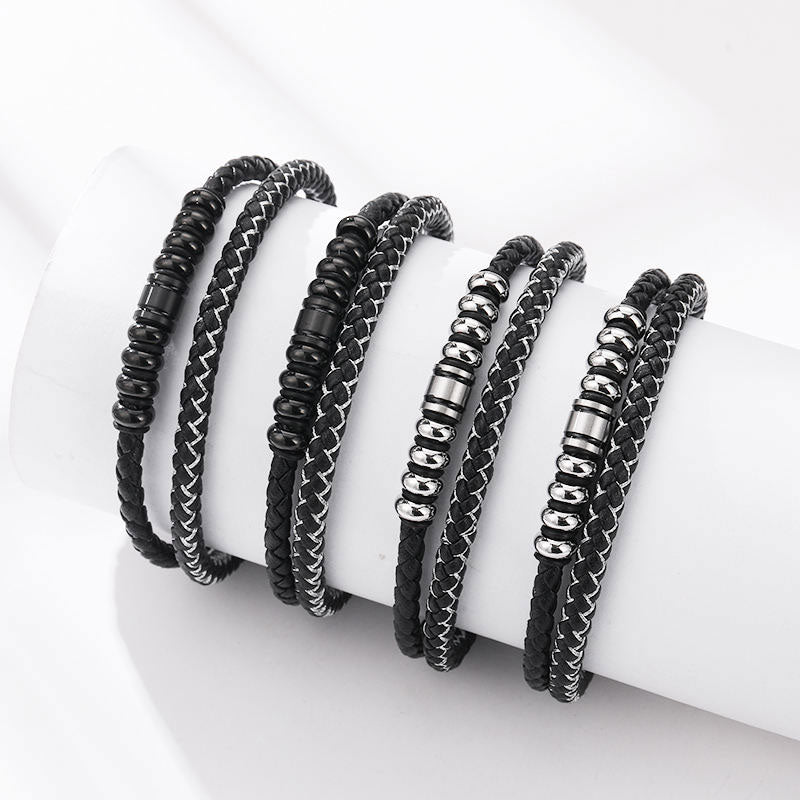 Custom New Design Trendy Wholesale Men's Stainless Steel Leather Bracelet