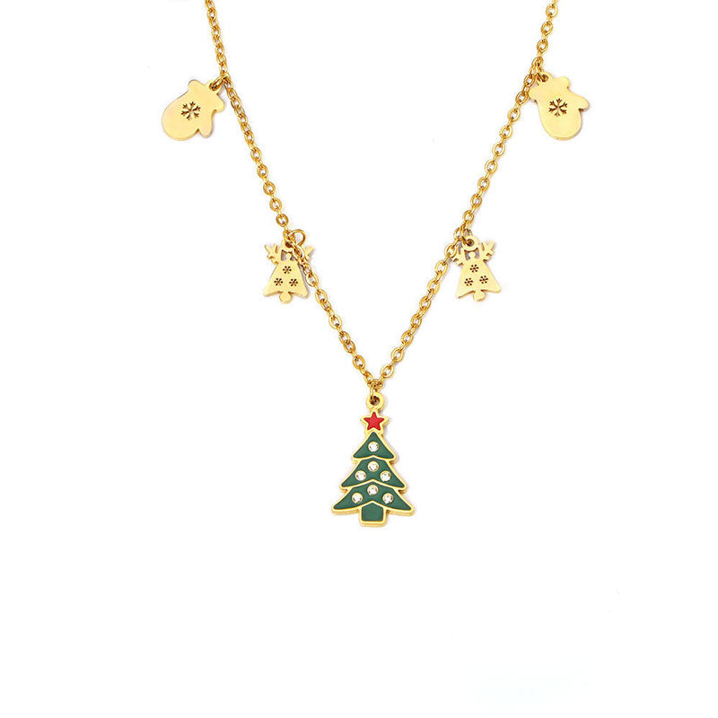 Newest Christmas Tree Oil Drop Pendant Necklace 18K Gold Gloves Xmas Deer Stainless Steel Necklace for Gift
