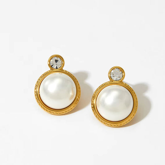 Luxury Heart Shaped Pearl Charm Stainless Steel Stud Earrings Flower Shaped Diamond Zircon Stud Earrings Women Jewelry