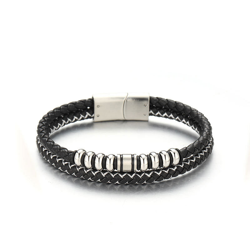 Custom New Design Trendy Wholesale Men's Stainless Steel Leather Bracelet