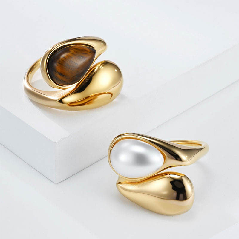 Wholesale Custom Adjustable Imitation Pearl Tiger's Eye 18K PVD Gold Plated Stainless Steel Rings for Women