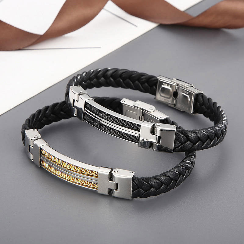 New Design Wholesale Custom Stainless Steel Braided Leather Man Bracelet