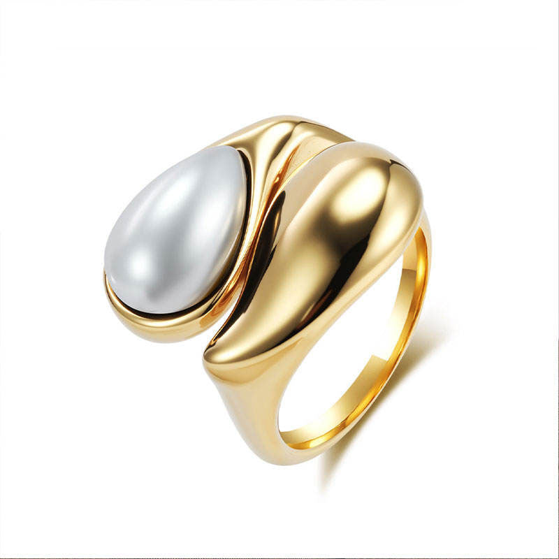 Wholesale Custom Adjustable Imitation Pearl Tiger's Eye 18K PVD Gold Plated Stainless Steel Rings for Women