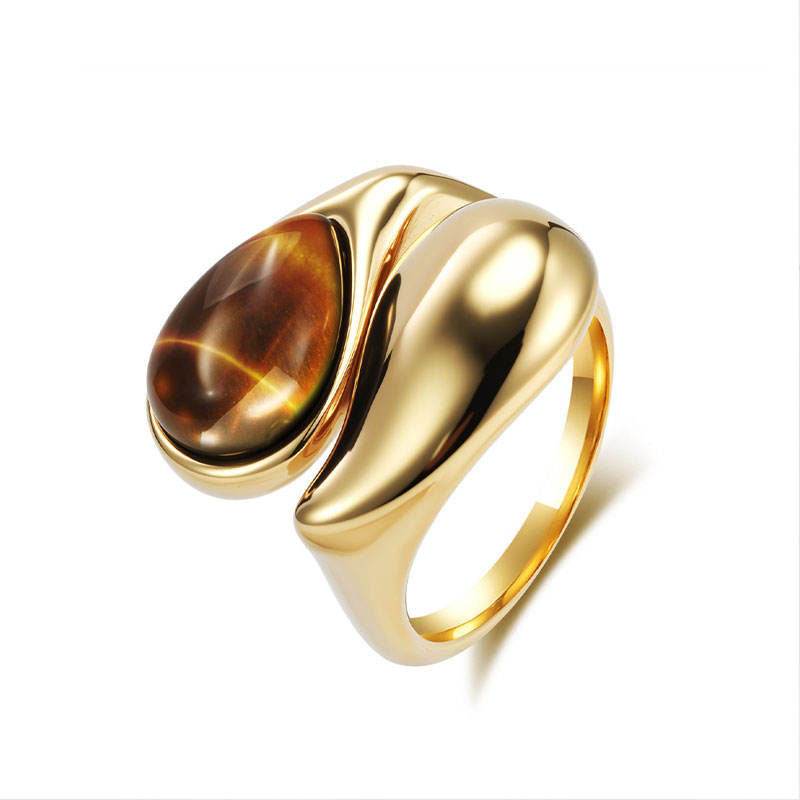 Wholesale Custom Adjustable Imitation Pearl Tiger's Eye 18K PVD Gold Plated Stainless Steel Rings for Women