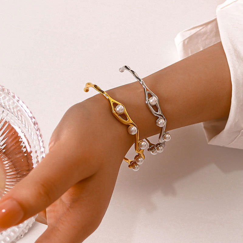 Wholesale Anti-Allergy High Polish Waterproof Stainless Steel Pearl Custom Fashion Bracelets Bangles