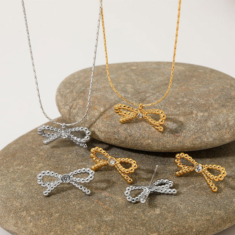 Waterproof Stainless Steel Gold Plated Minimal Cute Sweet Bowknot Style Pendant Necklace for Women Girl