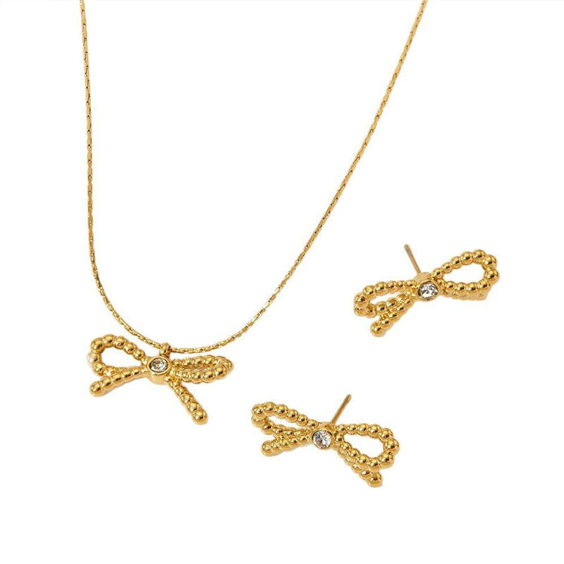 Waterproof Stainless Steel Gold Plated Minimal Cute Sweet Bowknot Style Pendant Necklace for Women Girl