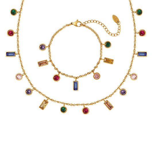 Bohemia Anti Tarnish Gold Necklace 18K Real Stainless Steel Colorful Zircon Necklace Set for Women Girls